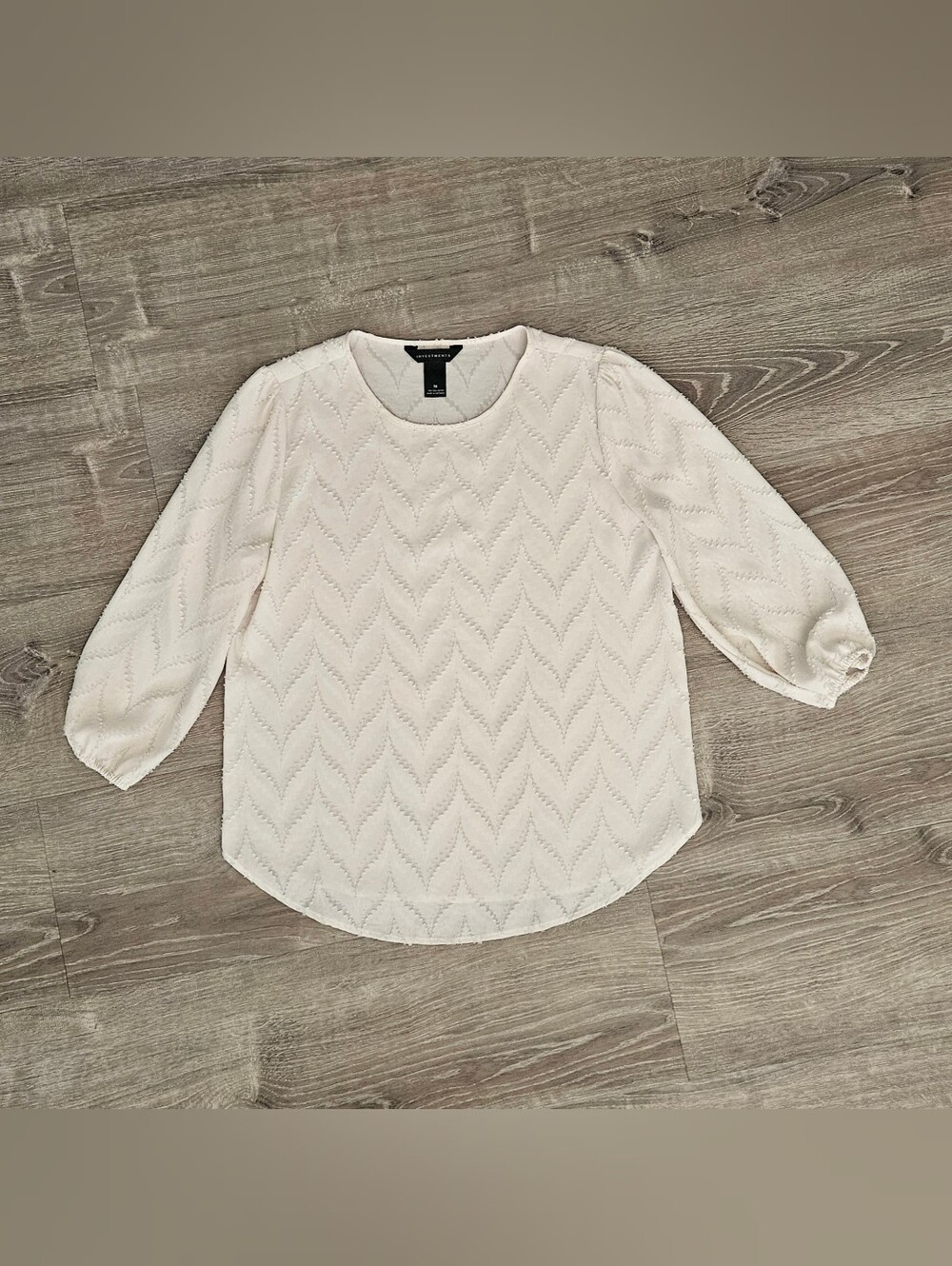 Investments Textured Ivory Blouse Balloon 3/4 Sleeve Chic Coastal Grandmother M